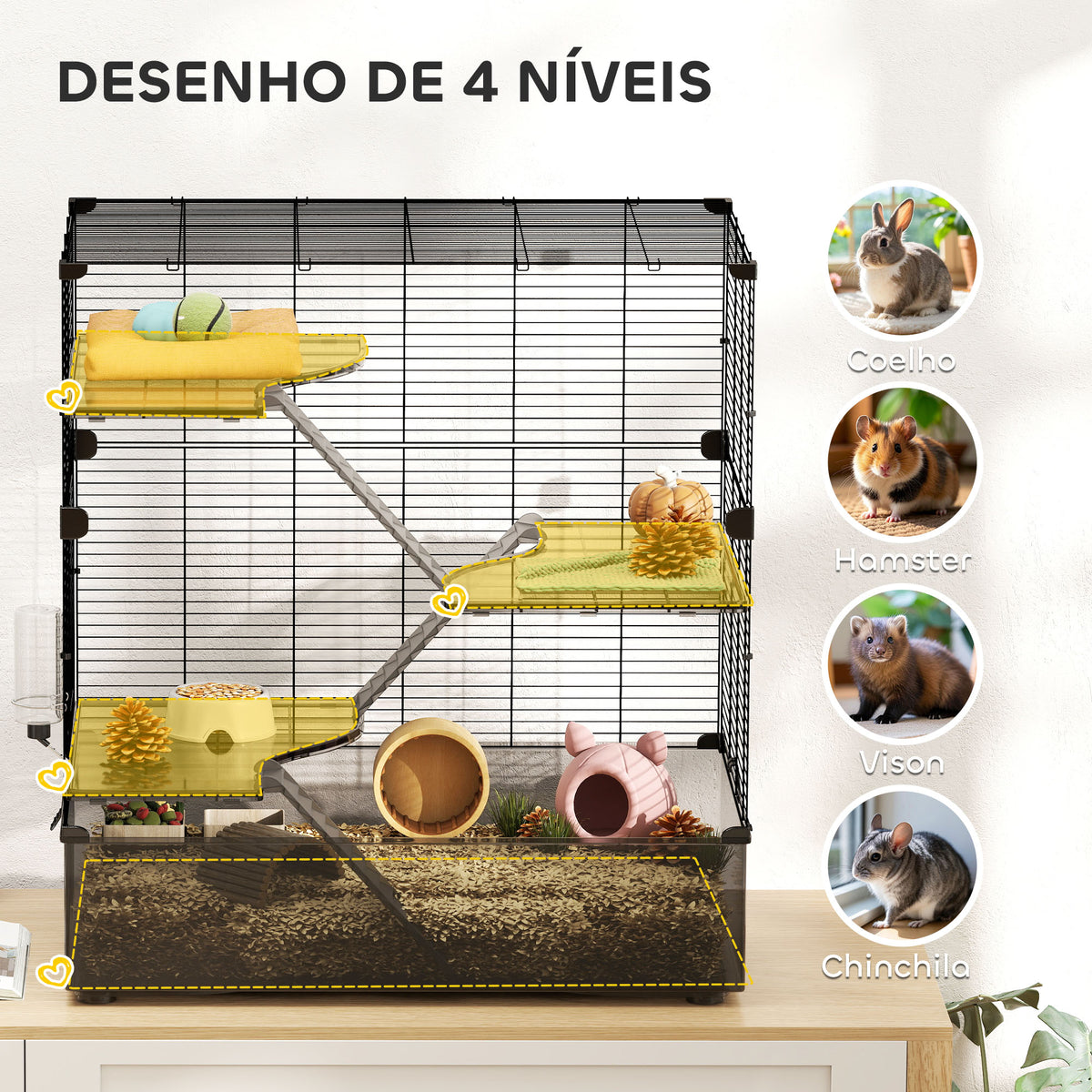 Gaiola para Pequenos Animais de 4 Níveis com Bandeja Inferior Gaiola para Roedores com Rampas Comedouro e Bebedouro Recinto para Chinchilas 73x47x80 cm Preto — foto 4