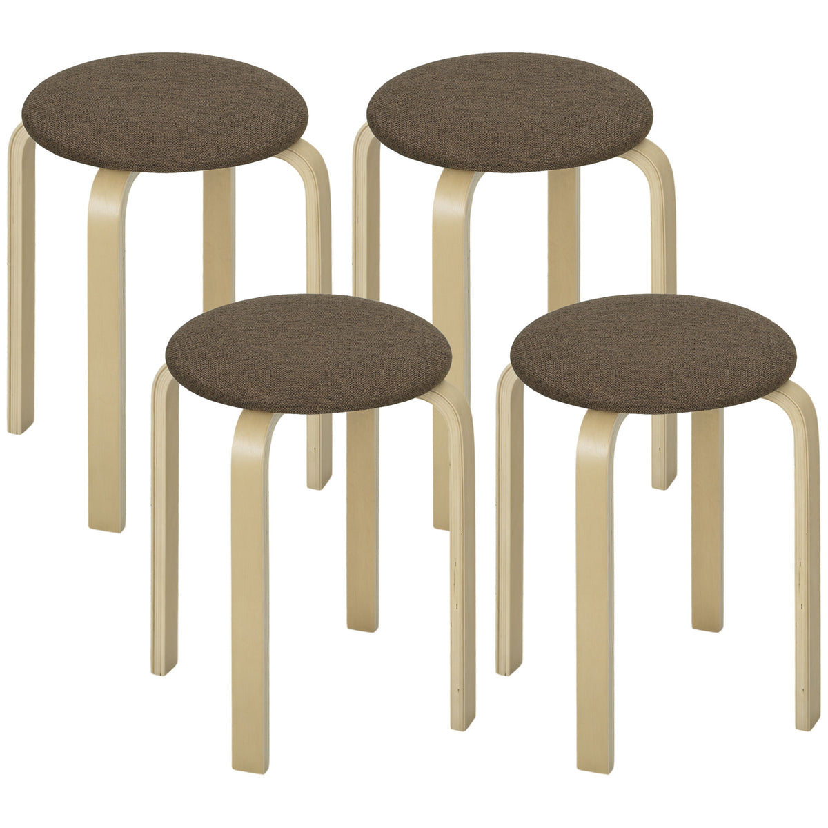 Conjunto de 4 Bancos Empilháveis Redondos Bancos Baixos de Cozinha com Assento Acolchoado para Sala de Jantar Quarto Escritório Sala Marrom e Madeira — foto 1
