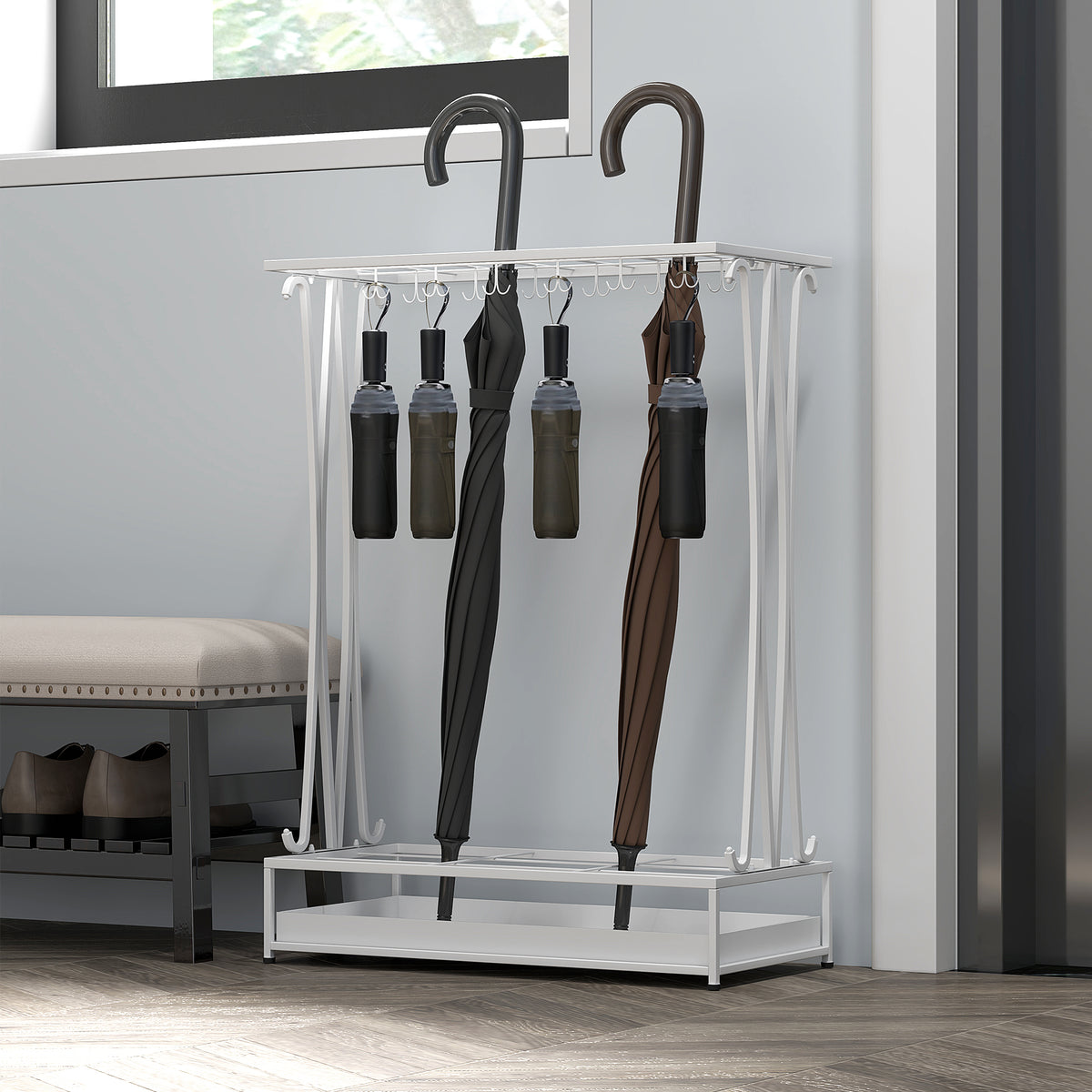 Suporte para Guarda-Chuva Moderno Retangular Suporte para Guarda Chuvas de Aço com 24 Ganchos 21 Espaços e Bandeja Recolhedora de Gotas Amovível para Entrada Escritório 50x24x68 cm Branco — foto 6