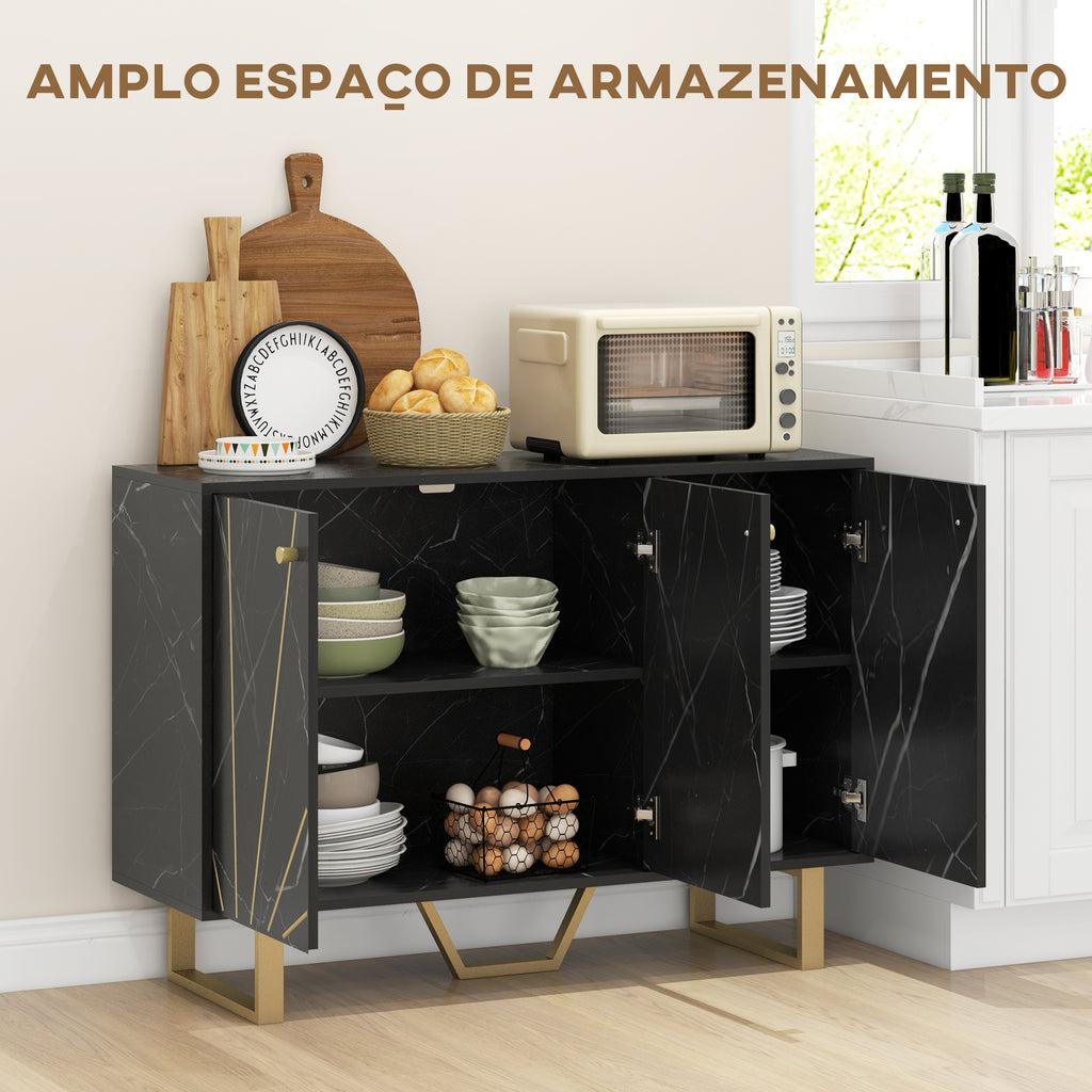 Aparador de Sala de Estar com 2 Armários e Prateleira Interior Ajustável Móvel Buffet com Efeito Mármore 107x35x75 cm Preto e Dourado — foto 4