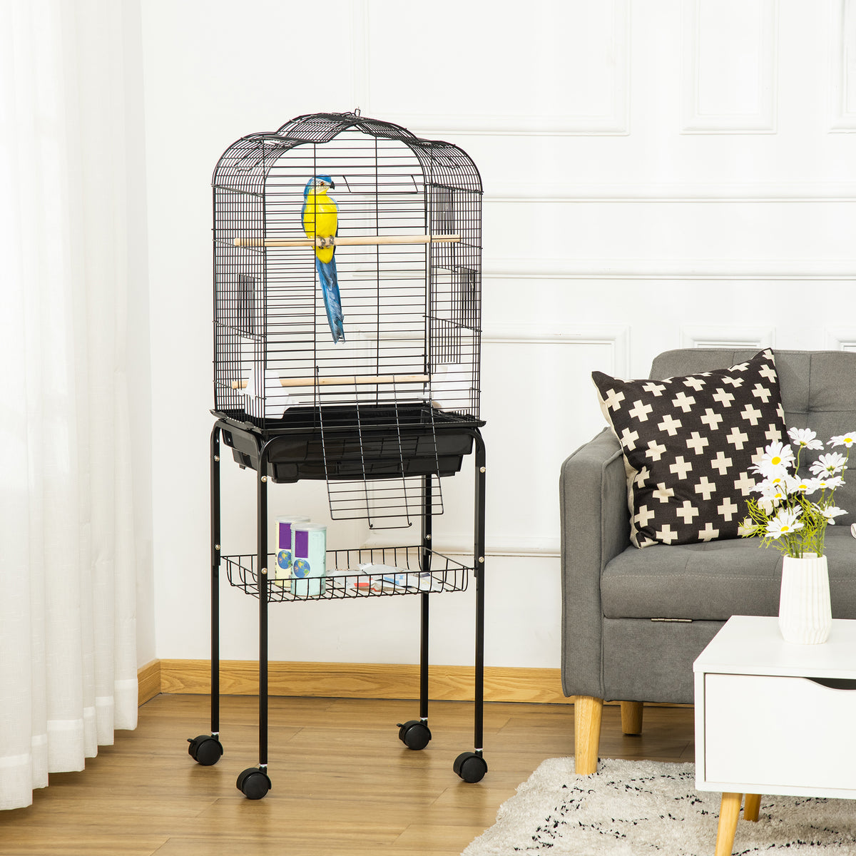 Gaiola para Passáros com Suporte Gaiola com 4 Rodas Teto com Abertura 2 Comedouros 3 Poleiros Bandeja Removível e Prateleira Inferior 46x36x130cm Preto — foto 2