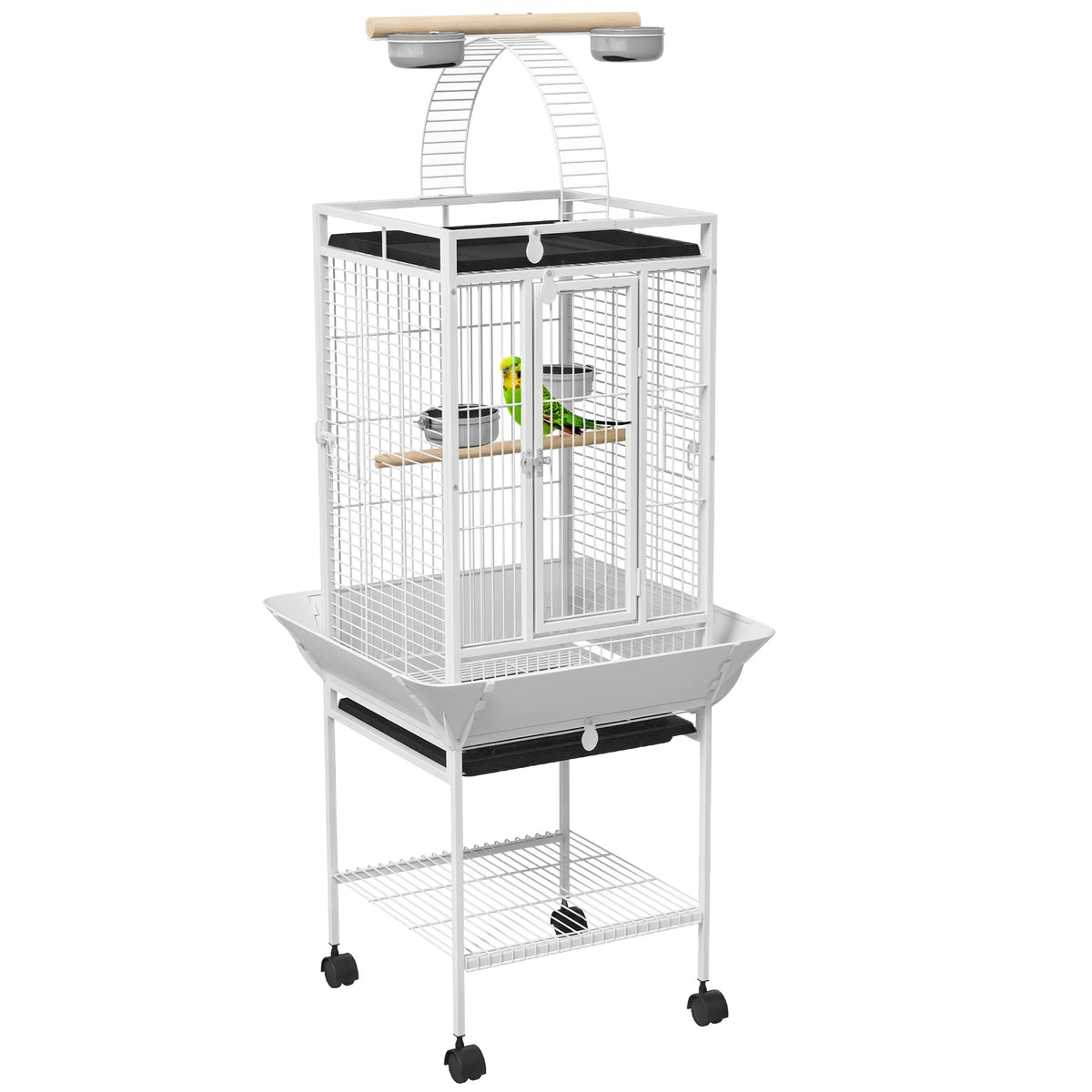 Gaiola para Pássaros com Suporte e Rodas 62,5x62,5x156 cm Gaiola Metálica para Aves com Ponte de Arco 2 Poleiros 4 Comedouros 2 Bandejas Removíveis e Prateleira Inferior Branco — foto 1