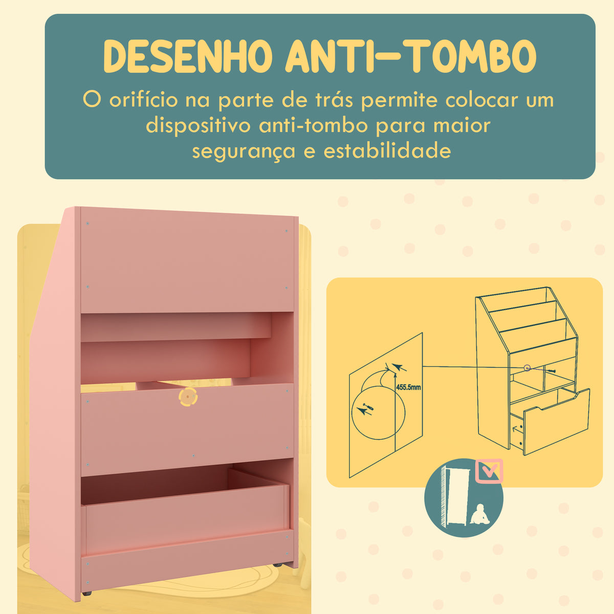 Estante de Madeira para Brinquedos com 3 Compartimentos 2 Prateleiras e Gaveta Móvel com 4 Rodas Estante para Livros Infantil para Dormitório Infantil Sala de Jogos 60x29,9x90 cm Rosa — foto 5