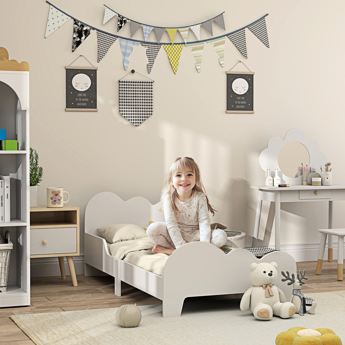 Cama para Crianças acima de 3 Anos 143,5x74,5x56 cm Estrutura de Cama Infantil com Desenho de Núvem e Barreira de Segurança para Dormitório Branco — foto 2