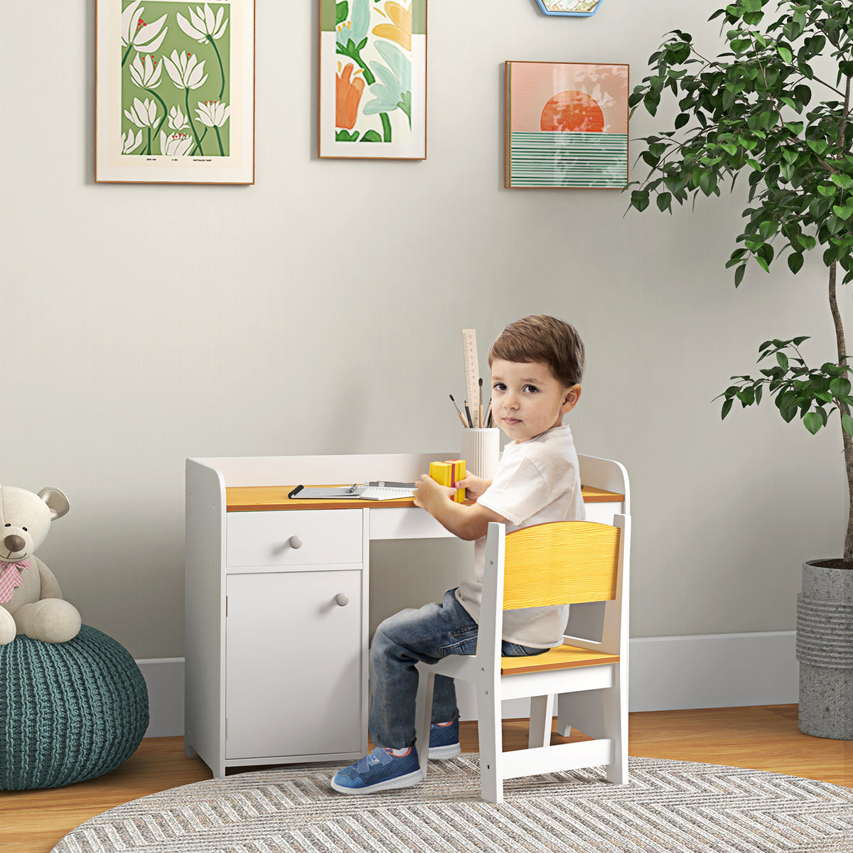 Conjunto de Secretária e Cadeira para Crianças Secretária Infantil com Cadeira Conjunto Infantil de 2 Peças com Gaveta e Armário para Quarto Sala Branco e Natural — foto 2