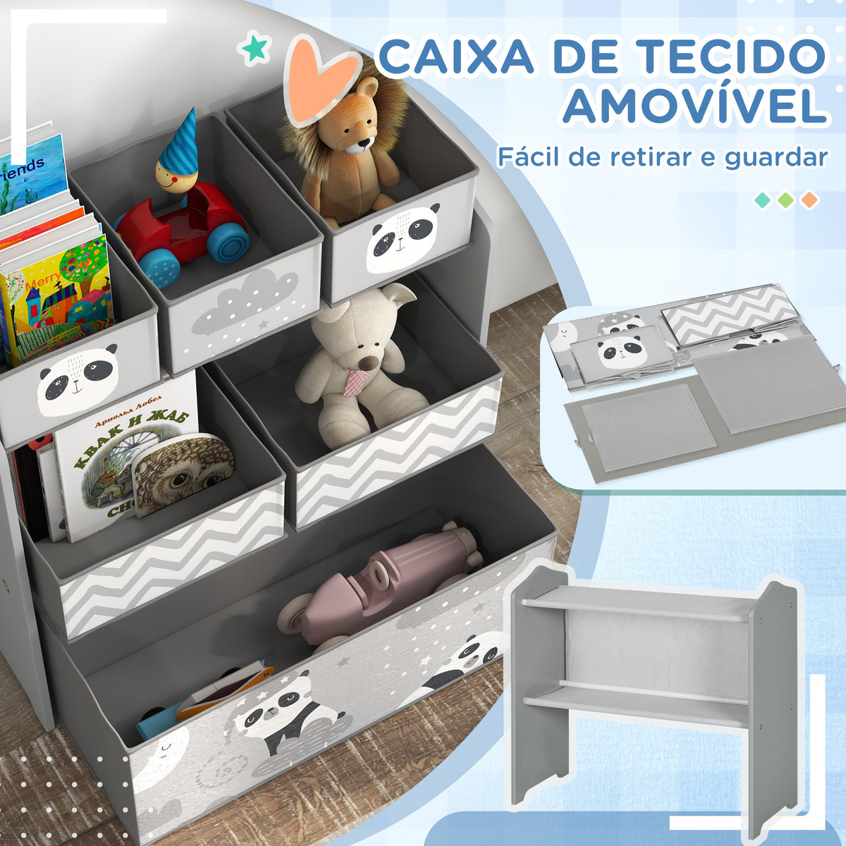 Estante para Brinquedos com 6 Caixas de Tecido não Tecido Amovíveis Organizador de Brinquedos para Crianças de 3-8 Anos para Dormitório 63x30x66 cm Ciza — foto 5
