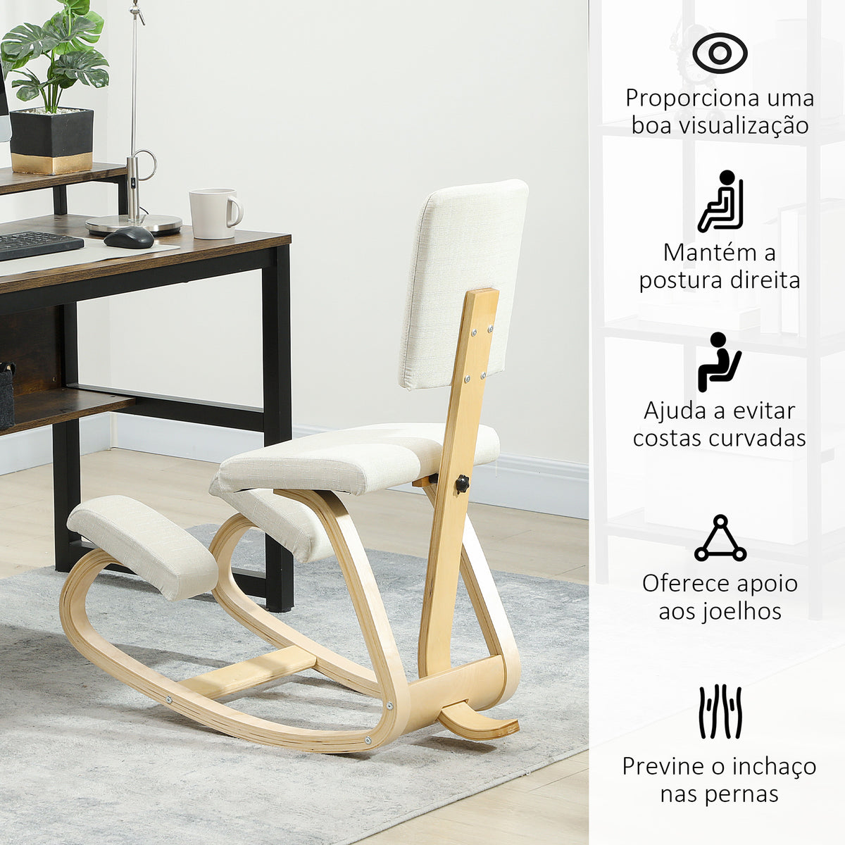 Cadeira Ergonómica de Joelhos com Encosto Almofadas Acolchoadas Estrutura de Madeira para Melhor Postura Escritório 51x84x93 cm Creme — foto 5