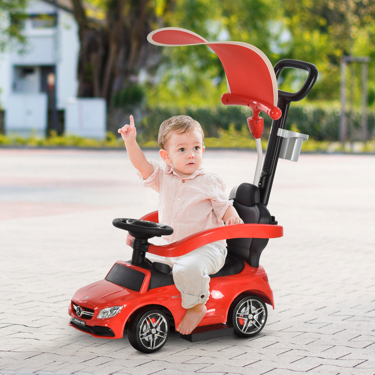 Carrinho para crianças com mais de 1 ano Carrinho de bebê Design de automóvel 3 em 1andarinho Função de buzinha com capuz Suporte para copos 84x40x83 cm cor vermelho — foto 2