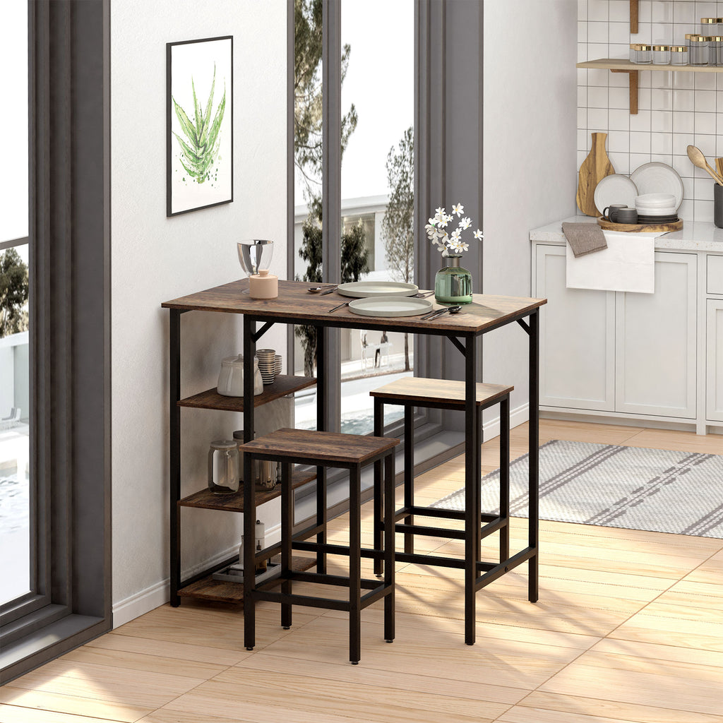 Conjunto de mesa de bar e 2 bancos com apoio para os pés e prateleiras de 3 níveis Almofadas ajustáveis ​​para cozinha 109x60x100 cm marrom rústico — foto 2