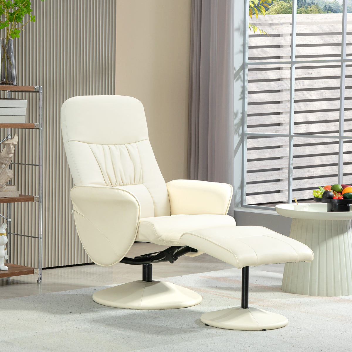 Poltrona Relax com Apoio para os Pés Estofada em PU Poltrona Relax Reclinável até 145° e Giratório 360° com Encosto Ajustável para Sala de Estar Dormitório Escritório 81x81x105cm Creme — foto 2