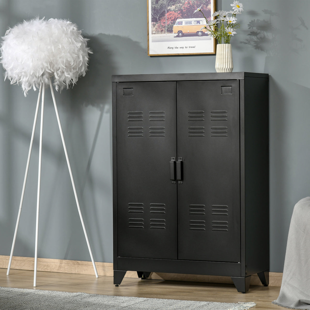 Armário de Metal de Armazenamento com Dupla Porta 2 Prateleiras com Altura Ajustável Armário Multiúso para Escritório Dormitório Garagem 75x33x110cm Preto — foto 2