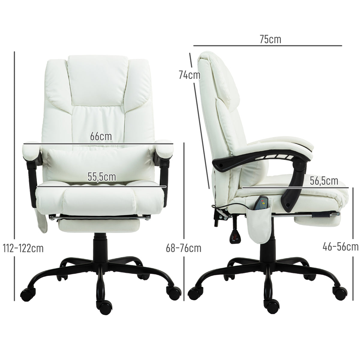 Cadeira de Escritório com Massagem de 6 Pontos Cadeira Giratória com Encosto Alto Reclinável Altura Ajustável Apoio para Pés e Controlo Remoto 66x75x112-122 cm Branco — foto 3
