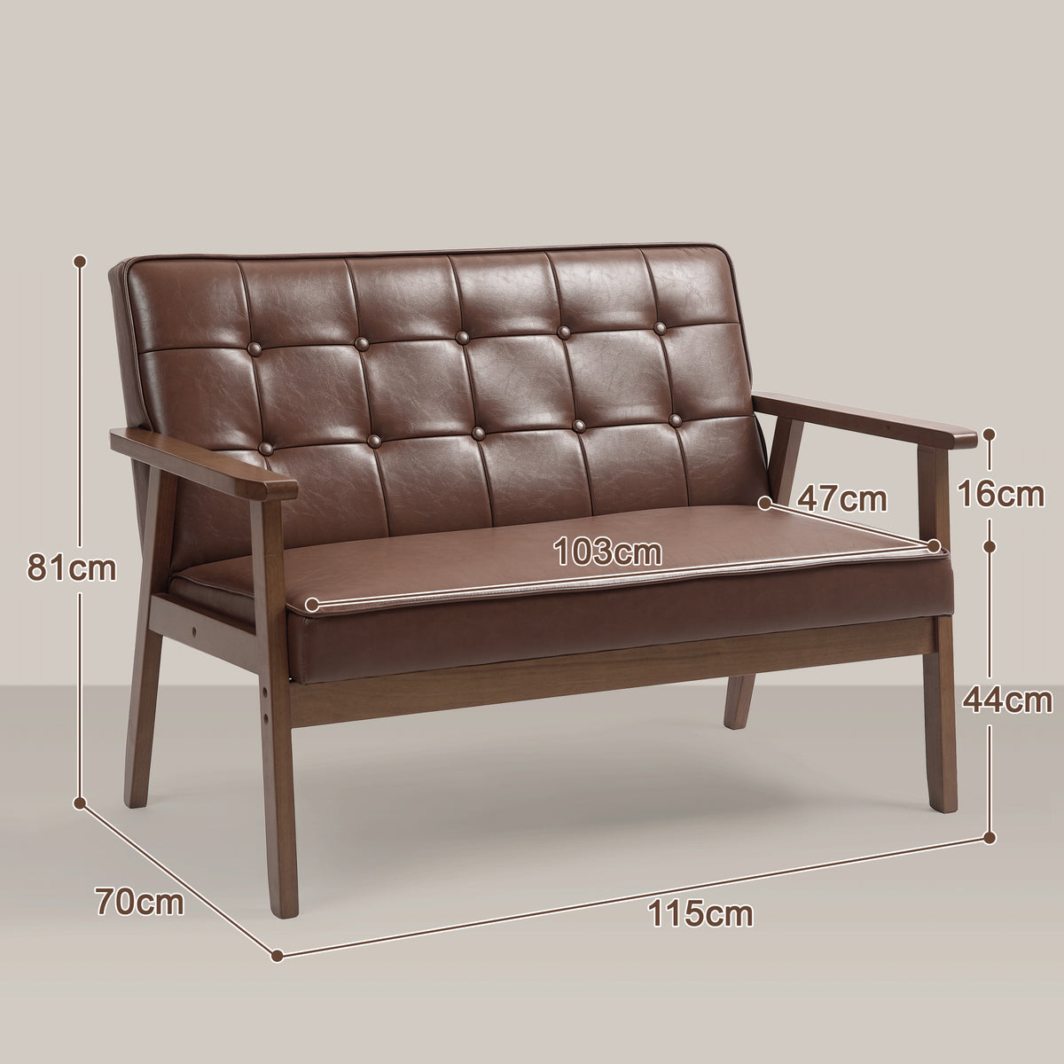 Sofá de 2 Lugares Sofá de 2 Lugares Estofado em Couro PU com Apoio para os Braços de Madeira Encosto Acolchoado Carga 250 kg para Sala de Estar Dormitório 115x70x81 cm Marrom — foto 3