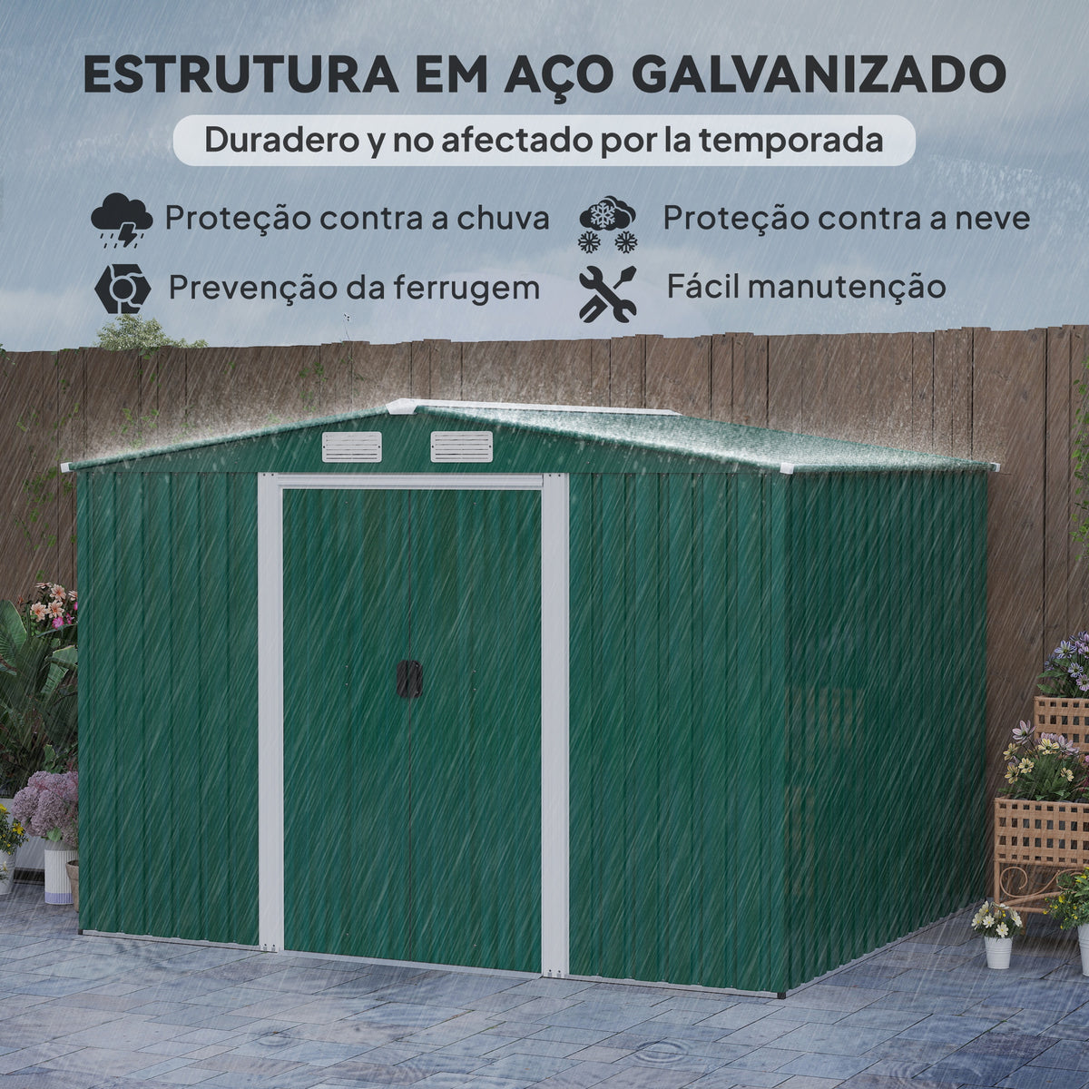 Abrigo de Jardim 258x206x178cm 5,3m² Abrigo de Aço Galvanizado com Portas de Correr e Ventilações para Armazenamento de Ferramentas Jardinagem Verde — foto 4