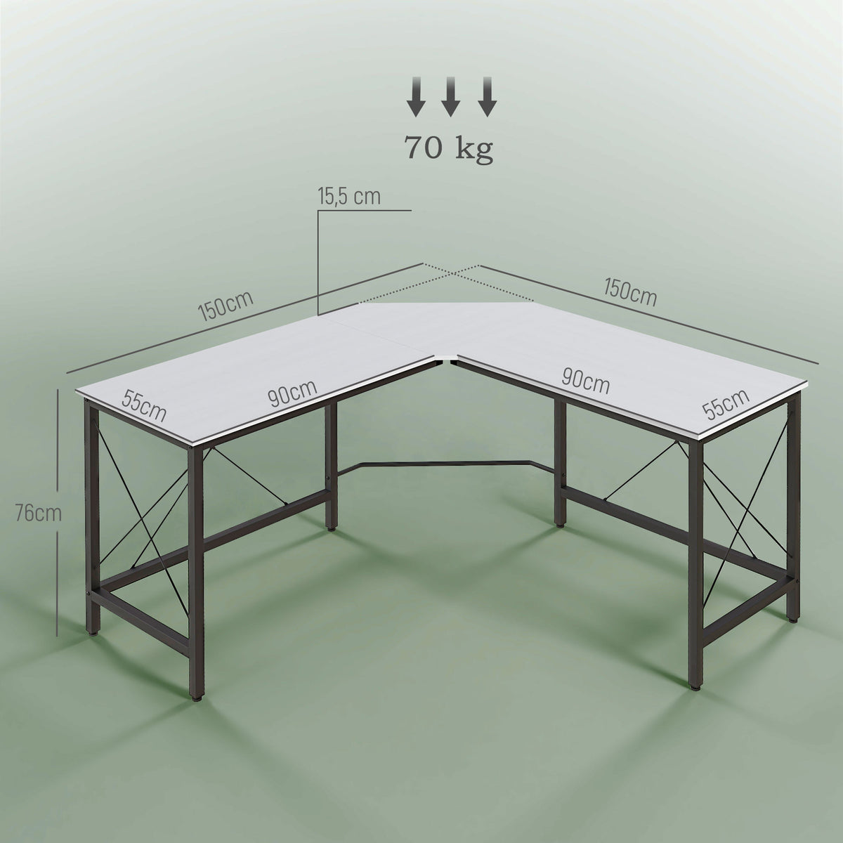 Secretária em Forma de L Secretária para Escritório com Estrutura de Metal Carga 70 kg Secretária de Canto para Escritório Estúdio 150x150x76 cm Branco e Preto — foto 3