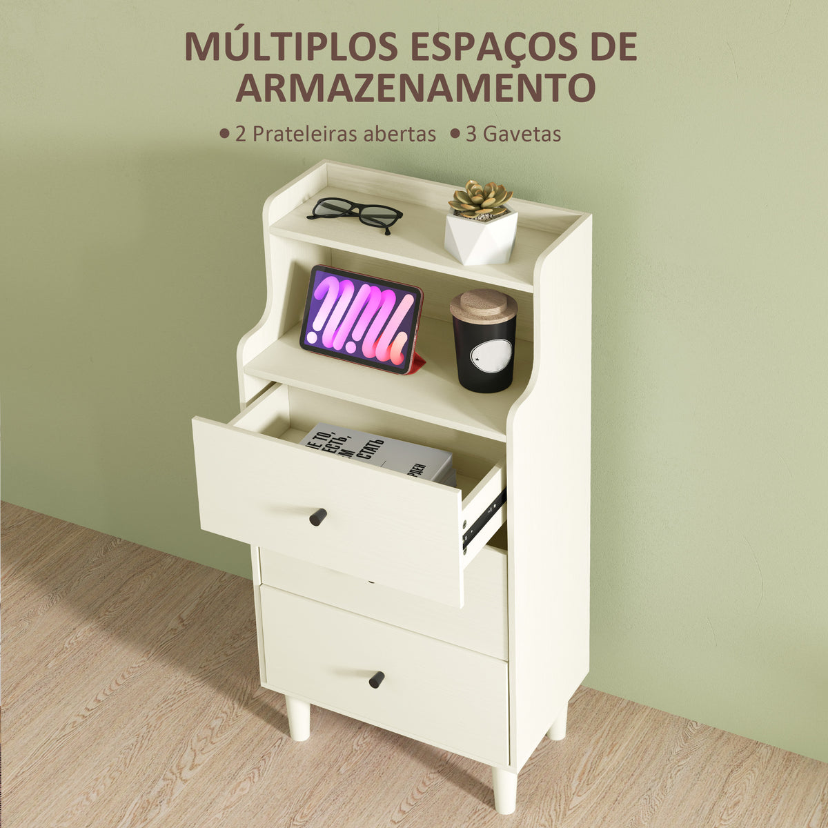 Cómoda com 3 Gavetas Cómoda de Quarto Estreita com Prateleiras Abertas Anti-Tombo Gaveteiro Alto para Sala de Estar Corredor 47x29x95 cm Branco Acinzentado — foto 5