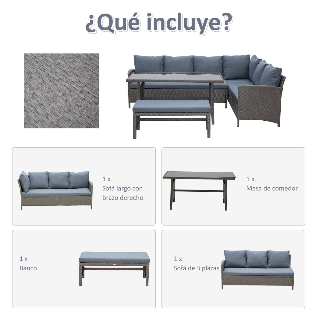 Conjunto de 4 Peças de Móveis e Vime com Almofadas Acolchoadas para Jardim Balcão Conjunto de Móveis de Exterior com 2 Sofás 1 Banco e 1 Mesa de Vidro Temperado Cinza — foto 5
