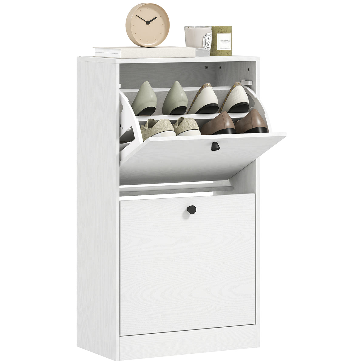 Sapateira Estreita Móvel Sapateira de Entrada com 2 Gavetas Abatíveis e Prateleiras Ajustáveis para 8 Pares de Sapatos Armário para Sapatos para Corredor 47x26x85 cm Branco — foto 1