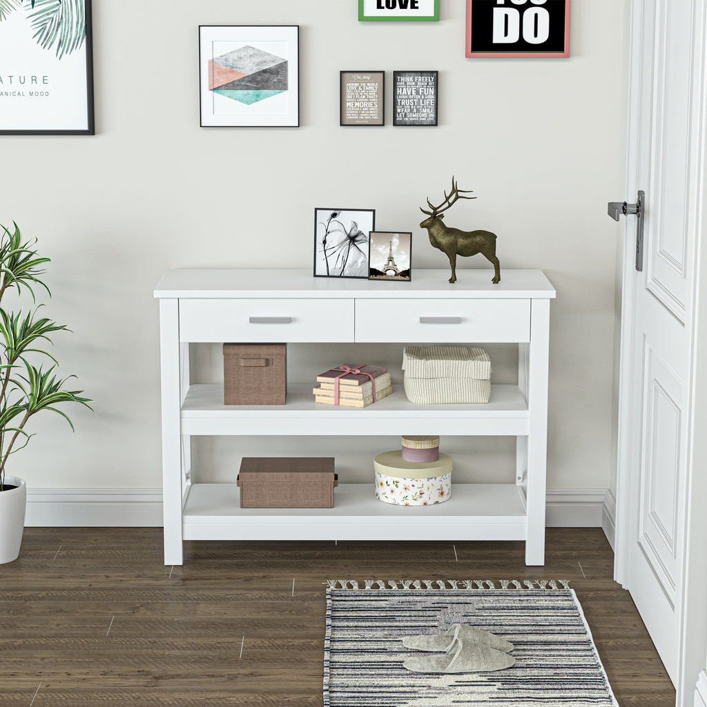 Mesa de console de estilo moderno com 2 gavetas e prateleiras inferiores 105x40x76 cm Branco — foto 8