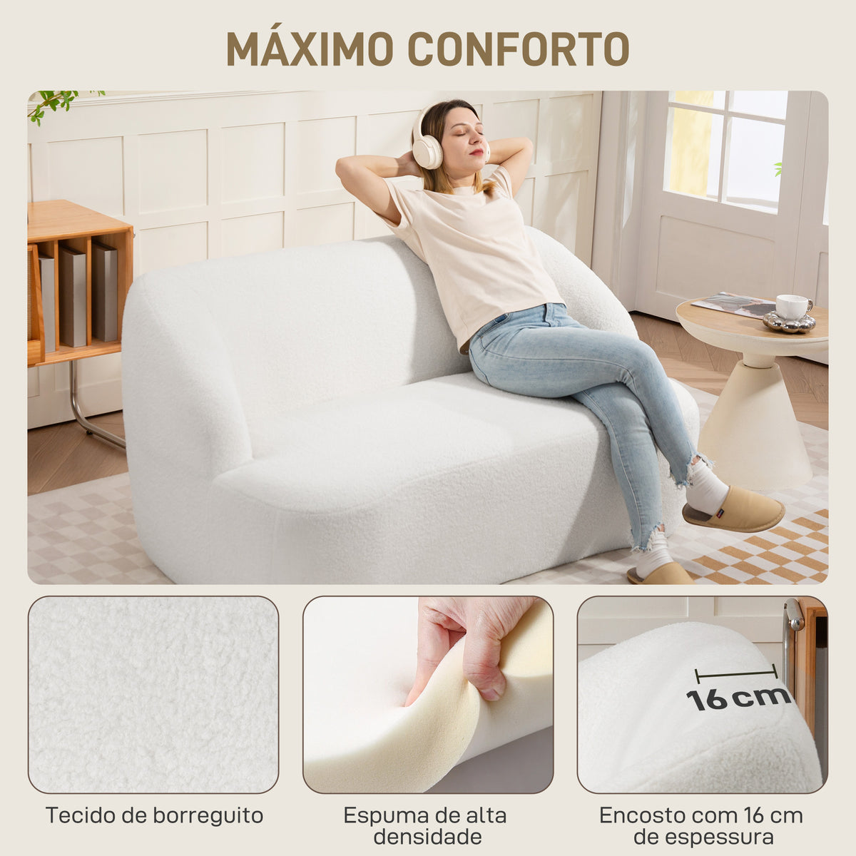 Sofá de 2 Lugares Estofado em Borreguito Sofá de Sala de Estar de 142 cm com Design Curvo e Acolchoamento Grosso Sem Necessidade de Montagem para Quarto Sala de Estar ou Escritório 142x85x73,5 cm Creme — foto 5