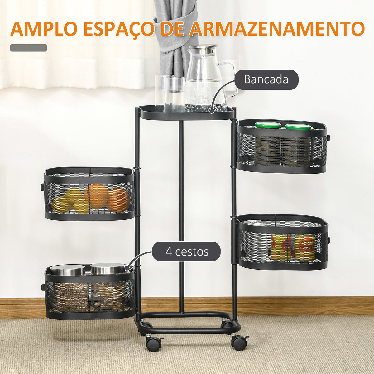Carrinho Auxiliar com Rodas de 5 Níveis Carrinho de Cozinha com 4 Cestas de Armazenamento Rotativas a 270° e Prateleira Superior para Frutas Legumes Utensílios 33x33x77 cm Preto — foto 4
