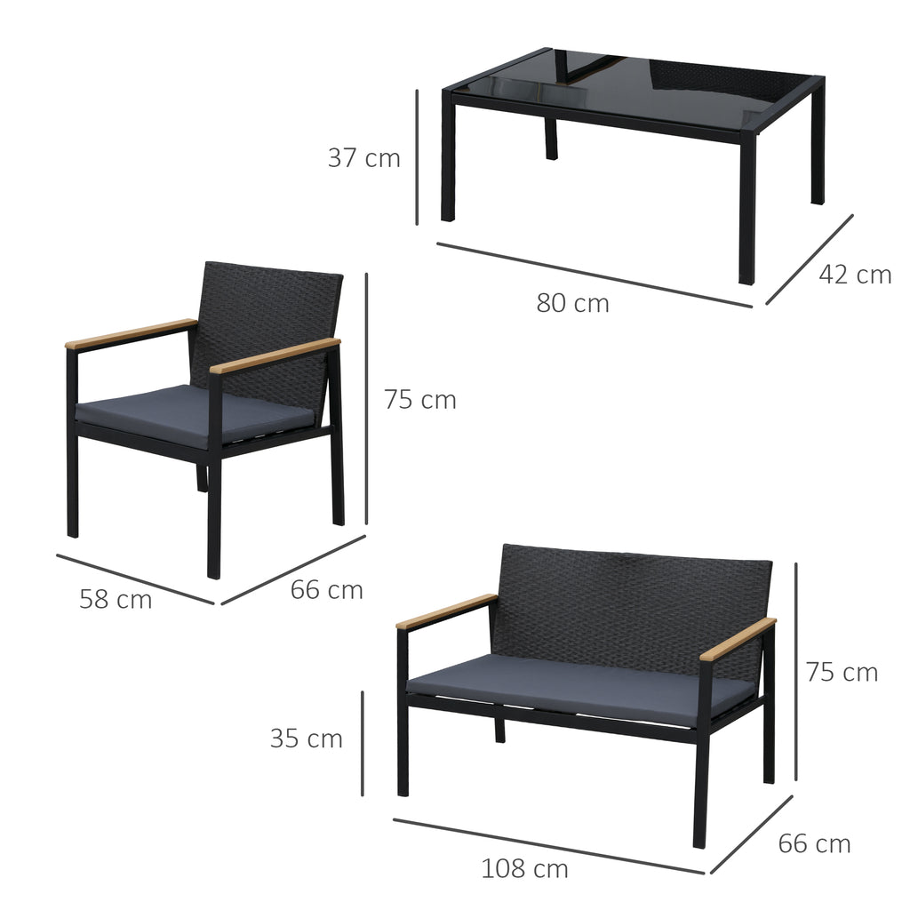 Conjunto de Móveis de Vime e 4 Peças com Almofadas Acolchoadas 2 Poltronas 1 Sofá Duplo e Mesa de Centro com Vidro Temperado para Jardim Varanda Preto — foto 3