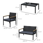 Conjunto de Móveis de Vime e 4 Peças com Almofadas Acolchoadas 2 Poltronas 1 Sofá Duplo e Mesa de Centro com Vidro Temperado para Jardim Varanda Preto — foto 3