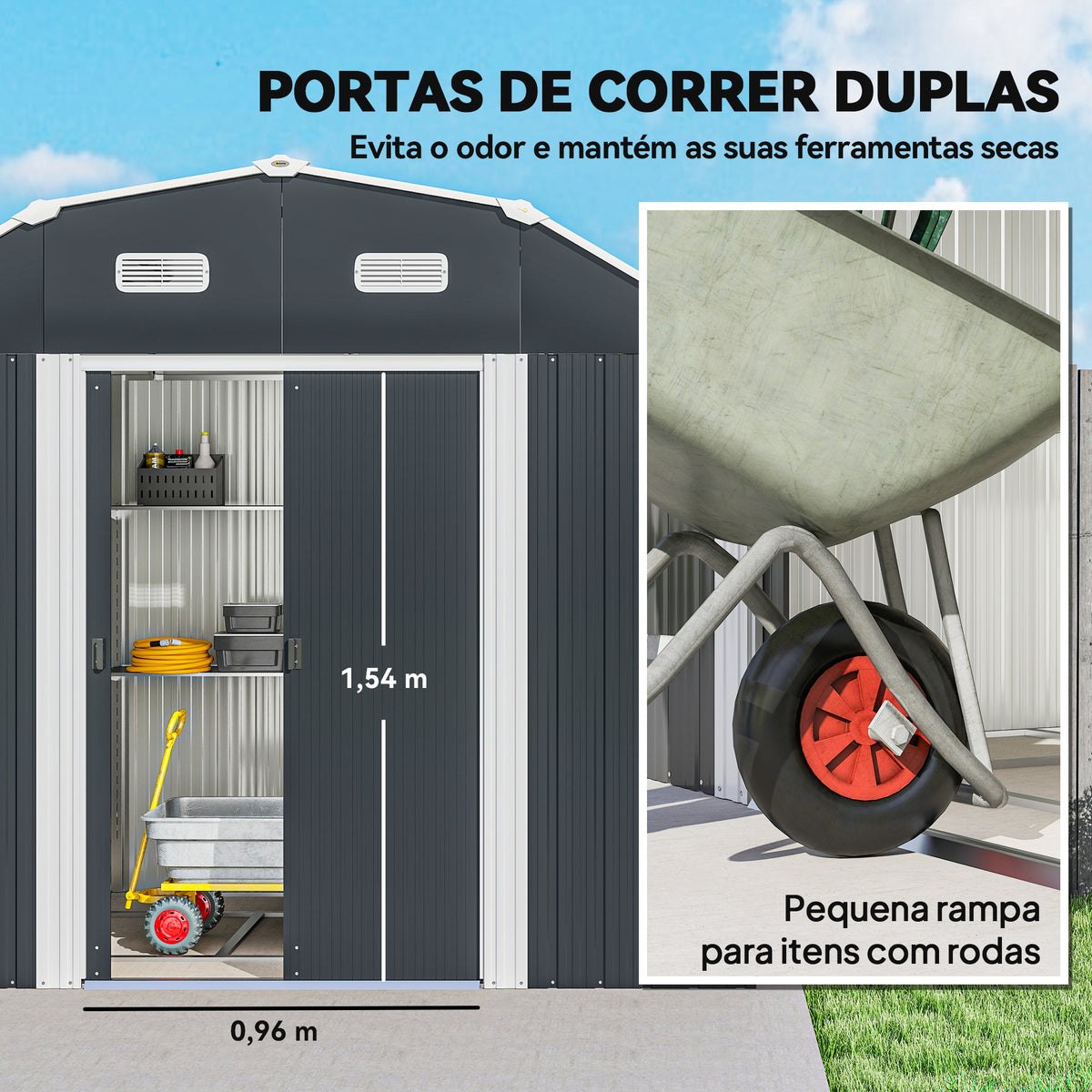 Abrigo de Jardim 2,7 m² 238x132x198,5 cm Abrigo de Exterior Metálico com Base Prateleiras Ajustáveis 2 Portas de Correr e 2 Janelas de Ventilação Cinza Escuro — foto 5