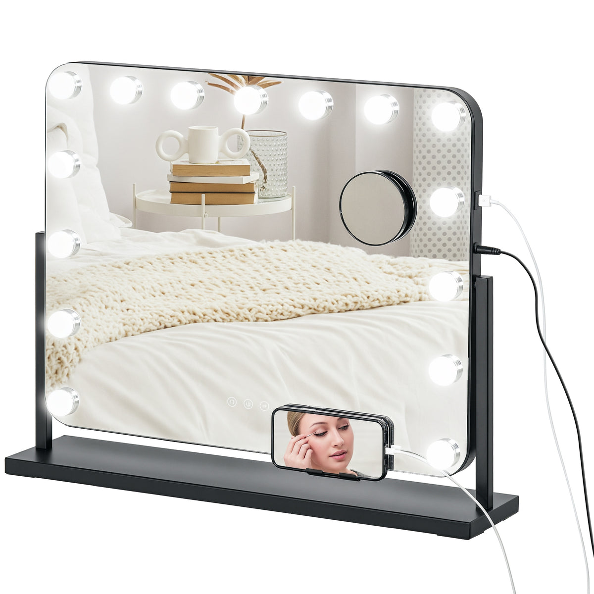 Espelho de Maquilhagem Estilo Hollywood com Luzes Espelho de Toucador Giratório 58x46 cm com 14 Lâmpadas LED 3 Modos de Iluminação Ajustáveis Interruptor Tátil Suporte para Telemóvel e Entrada USB Preto — foto 1