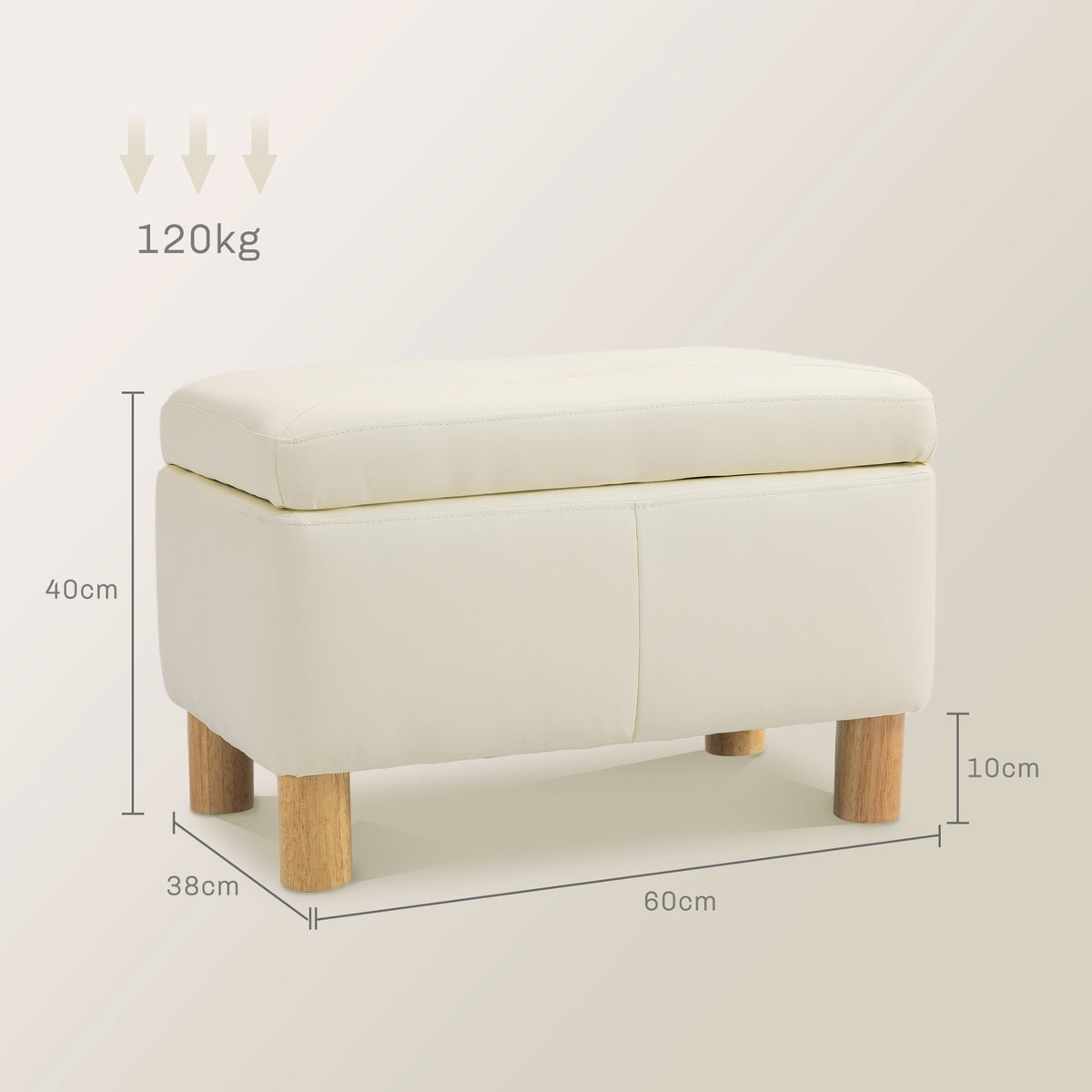 Baú de Armazenamento para Dormitório 33L Puff de Armazenamento Estofado em PU Banco de Arrumação com Pés de Madeira para Corredor Sala de Estar 60x38x40 cm Creme — foto 3