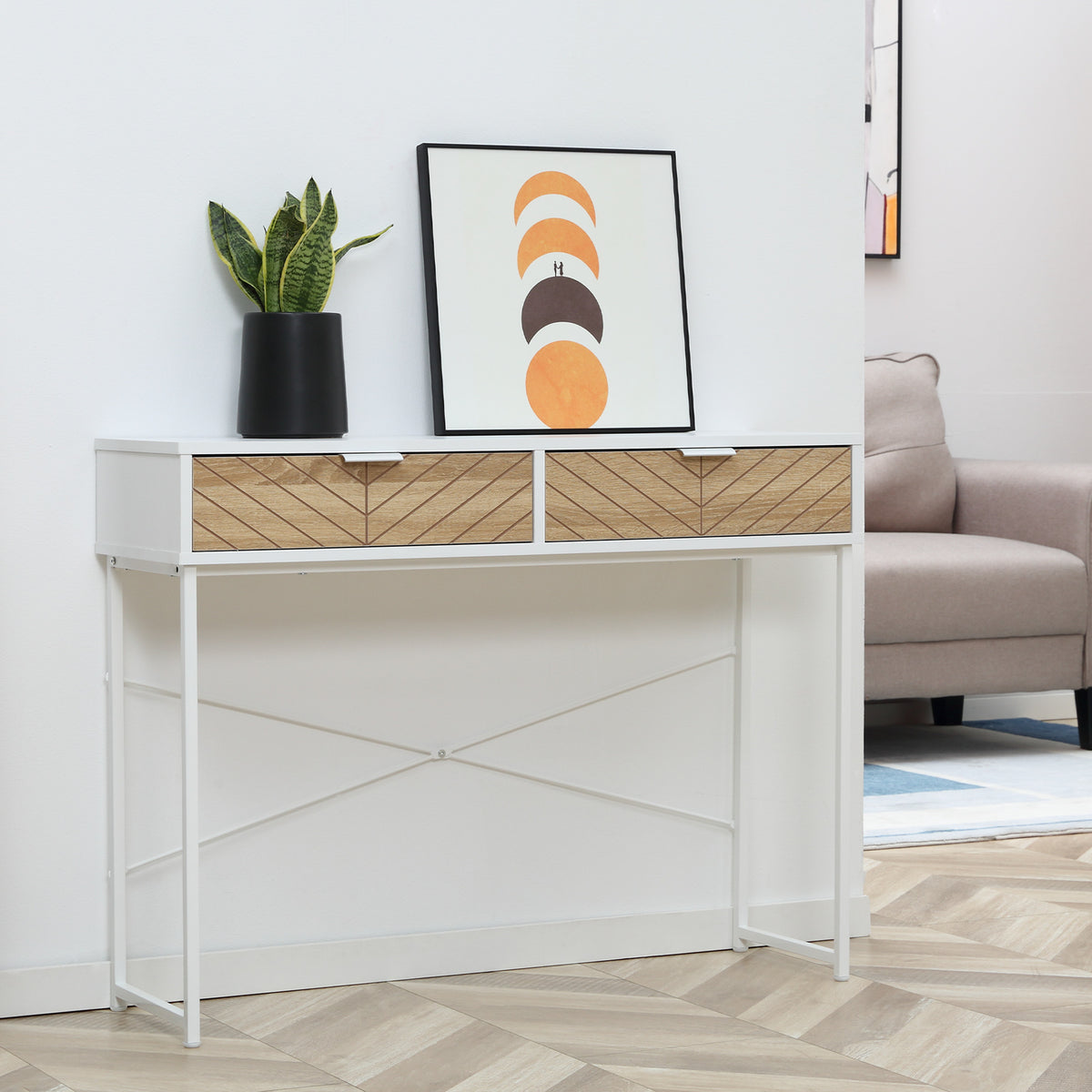 Mesa Consola 100x30x75cm Mesa de Entrada Moderno com 2 Gavetas de Armazenamento e Estrutura de Metal para Corredor Sala de Estar Branco — foto 2