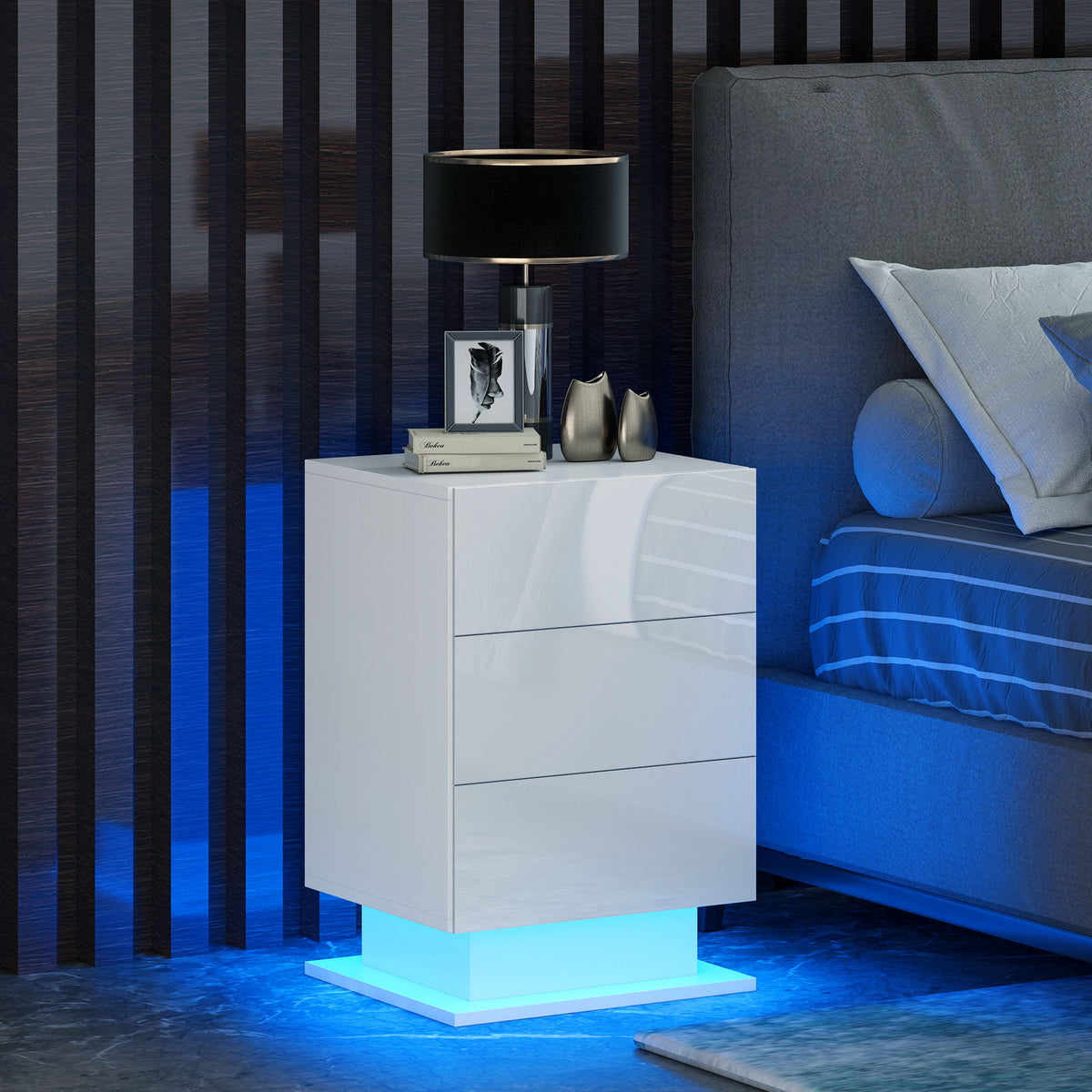 Mesa de Cabeceira com Faixa de Luz LED Multicolor Variável Mesa Auxiliar com 3 Gavetas Estilo Moderno Mesa Lateral para Dormitório Sala de Estar 40x35x60 cm Branco Brilhante — foto 2