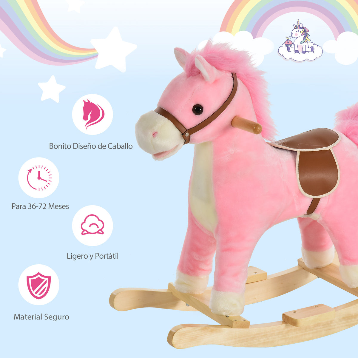 Cavalo Baloiço para Crianças acima de 36 Meses Cavalo Baloiço de Pelúcia Suave com Música Relinchos Sons de Galope Boca e Cauda Móveis 65x32,5x61 cm Rosa — foto 5