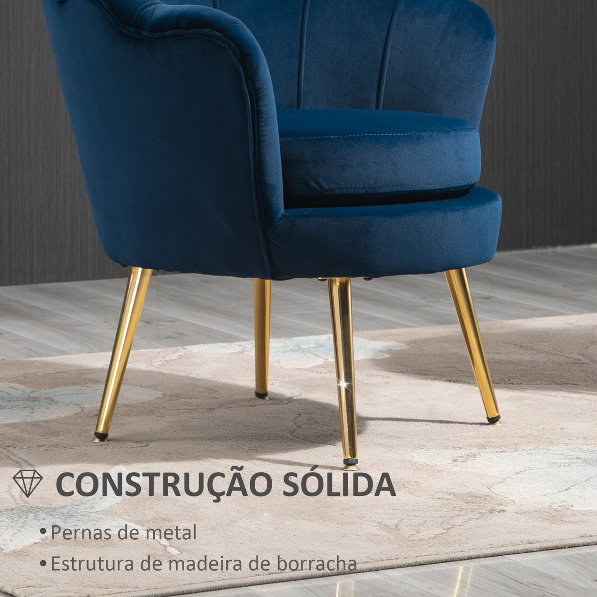 Poltrona de Sala Estofada em Veludo Poltrona para Quarto com Encosto em Forma de Concha e Pernas Douradas para Sala de Jantar 76x67x74 cm Azul — foto 6