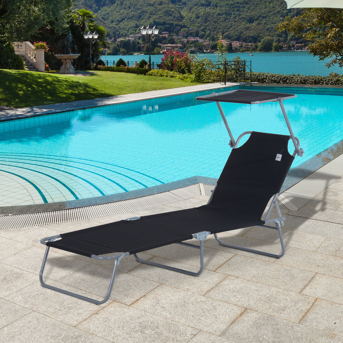 Essenza Espreguiçadeira de Jardim Dobrável com Toldo Removível 187x58x36cm Preto — foto 2