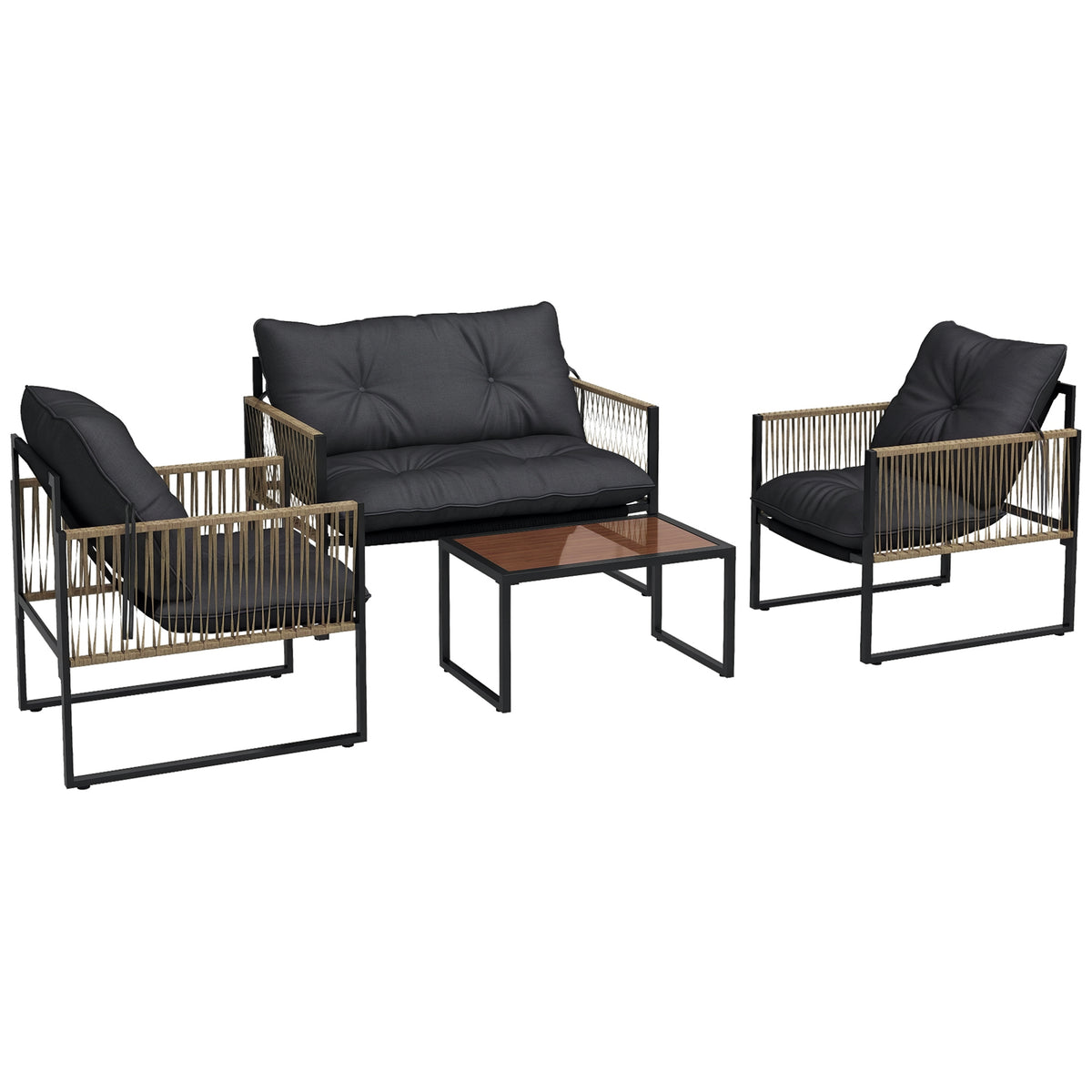 Conjunto de Móveis de Jardim de Vime Sintético Conjunto de 4 Peças Móveis de Jardim com 2 Poltronas 1 Sofá de 2 Lugares 1 Mesa de Centro e Almofadas Cinza Escuro — foto 1