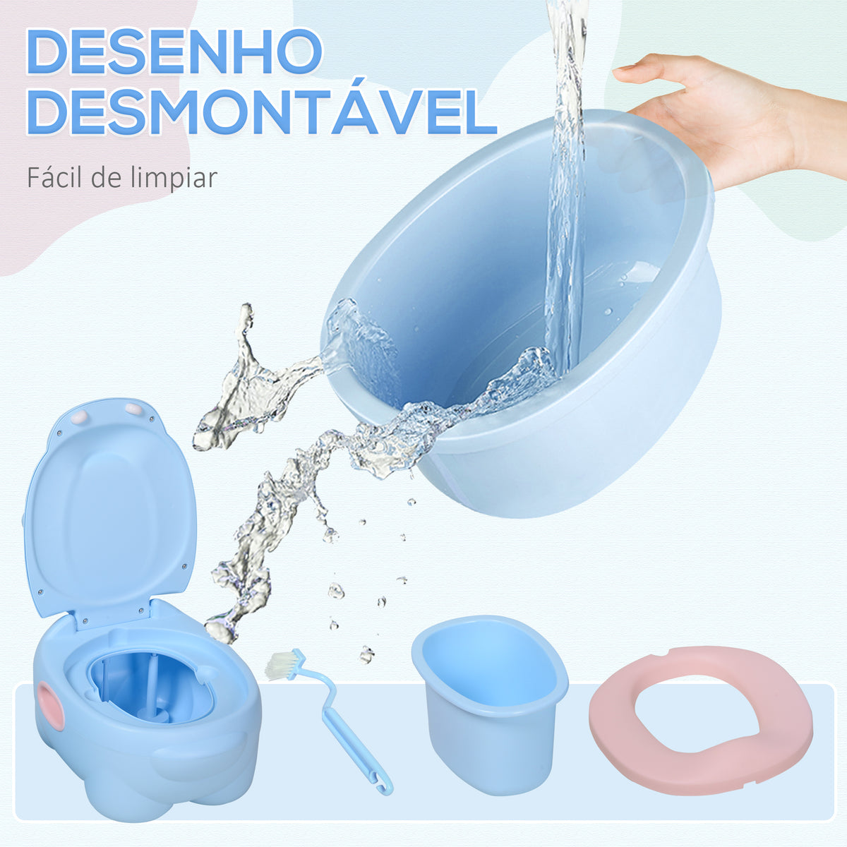 Bacio para Bebé em Forma de Hipopótamo 2 em 1 com Cubo Amovível e Escova de Limpeza Bacio de Aprendizagem Treinamento Portátil Carga 25 kg 40x30x23 cm Azul — foto 5