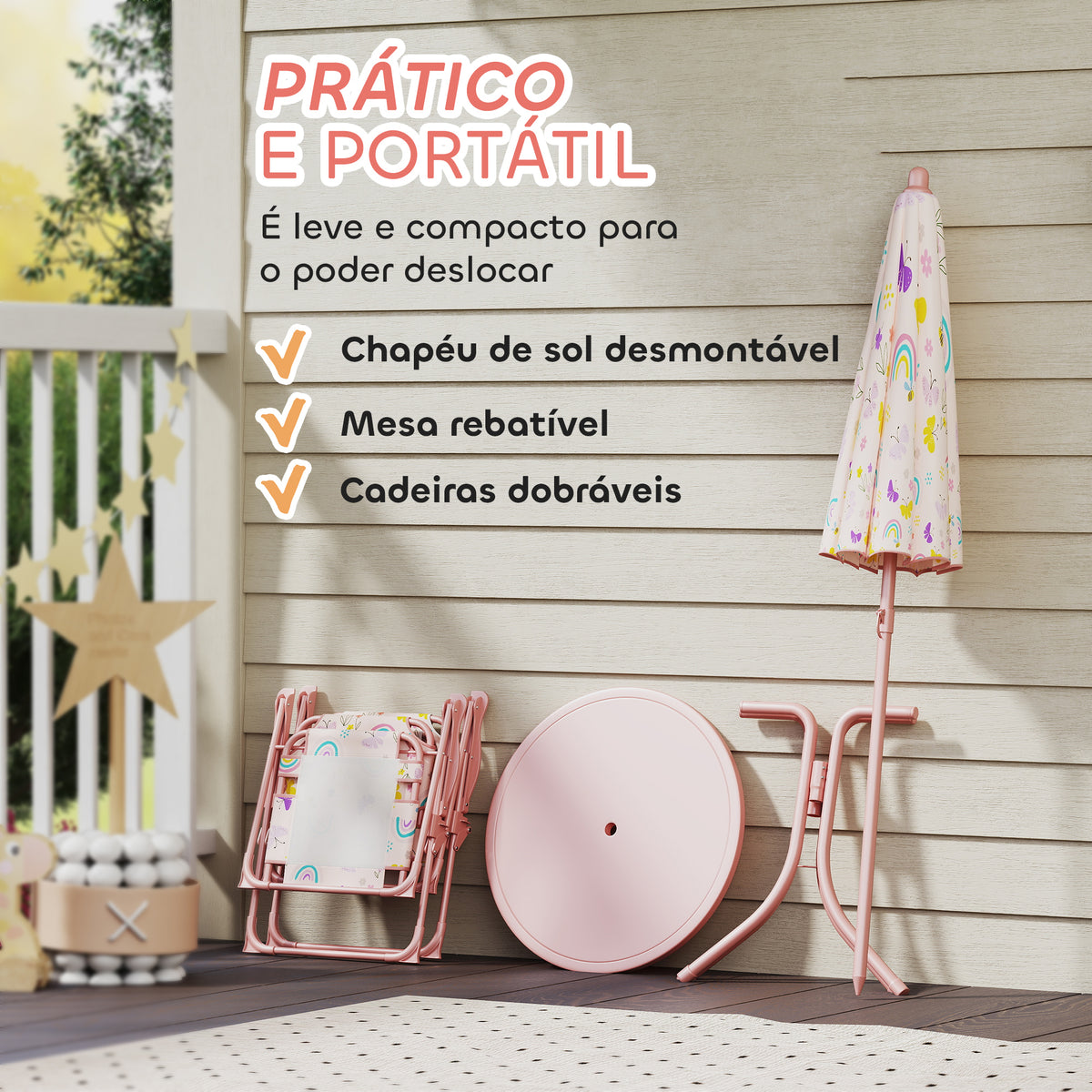 Conjunto de Mesa e Cadeiras para Crianças de Jardim Mesa Infantil com Cadeiras Dobráveis Chapéu de Sol Ajustável e Desenho de Borboletas para Pátio Piquenique Verde — foto 5