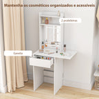 Tocador de Maquilhagem com Luzes LED de Cor Ajustável e Espelho Tocador com Lateral Rebatível Gaveta Compartimentos Abertos para Espaços Pequenos 45x45x152 cm Branco — foto 6