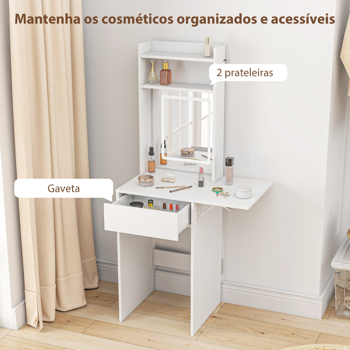Tocador de Maquilhagem com Luzes LED de Cor Ajustável e Espelho Tocador com Lateral Rebatível Gaveta Compartimentos Abertos para Espaços Pequenos 45x45x152 cm Branco — foto 6