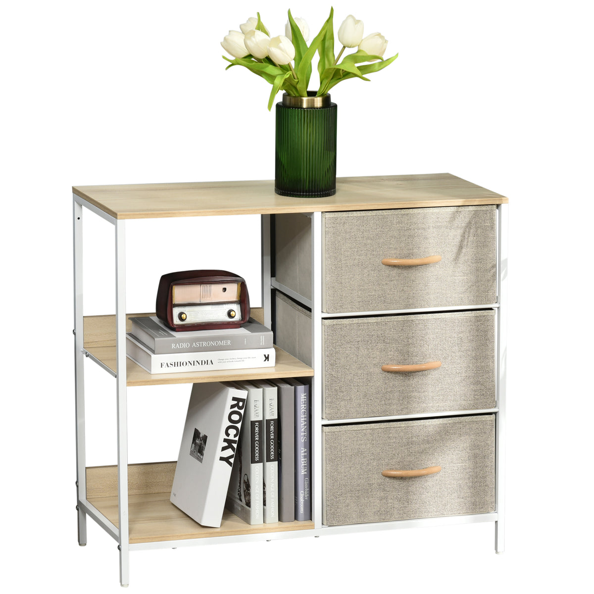 Cómoda de Estilo Industrial com Gavetas de Tecido Dobráveis e 2 Prateleiras para Dormitório Sala de Estar Corredor 80x29x71 cm Madeira e Cinza Claro — foto 1