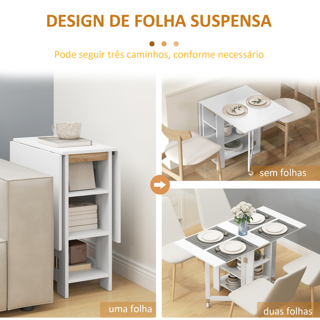 Mesa Dobrável com Asas Dobráveis Mesa de Cozinha com 2 Rodas e Prateleiras Estilo Moderno 120x60x75 cm Branco — foto 5