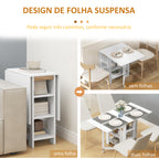 Mesa Dobrável com Asas Dobráveis Mesa de Cozinha com 2 Rodas e Prateleiras Estilo Moderno 120x60x75 cm Branco — foto 5