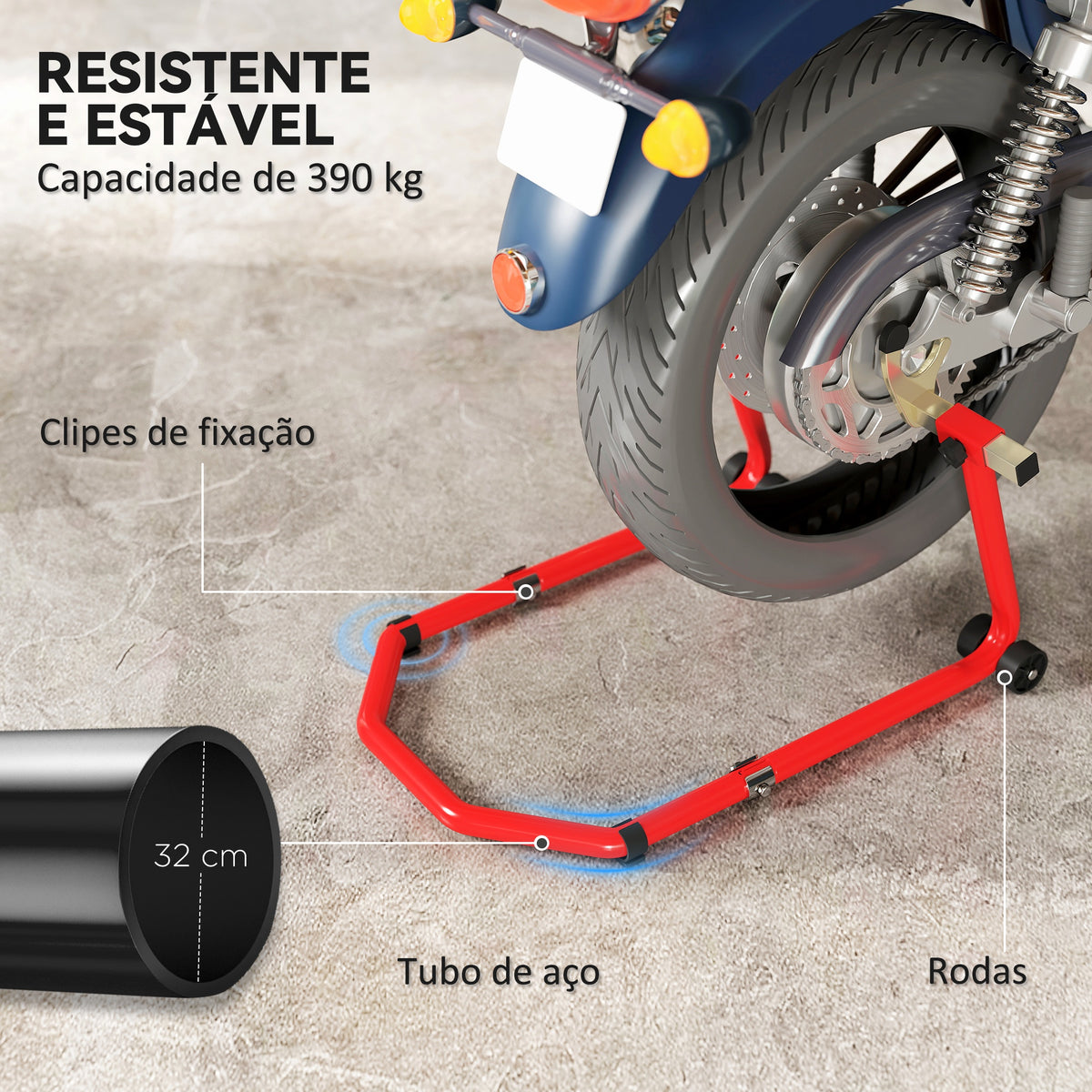 Suporte Roda Dianteira e Traseira para Mota Carga 390 kg Cavalete Moto Elevador Universal com Adaptadores de Garfos em U e L Ajustáveis e Rodas para Reparação Manutenção Vermelho — foto 5