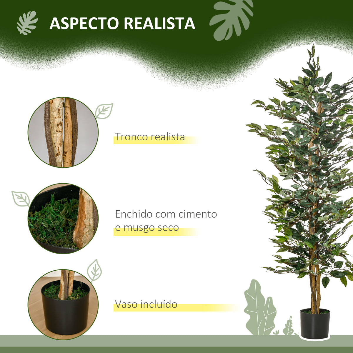 Planta Artificial Ficus no Vaso Altura 150cm Planta Artificial Decorativa com 1008 Folhas Realistas Planta Artificial para interior e Exterior Sala de Estar Escritório Verde — foto 5