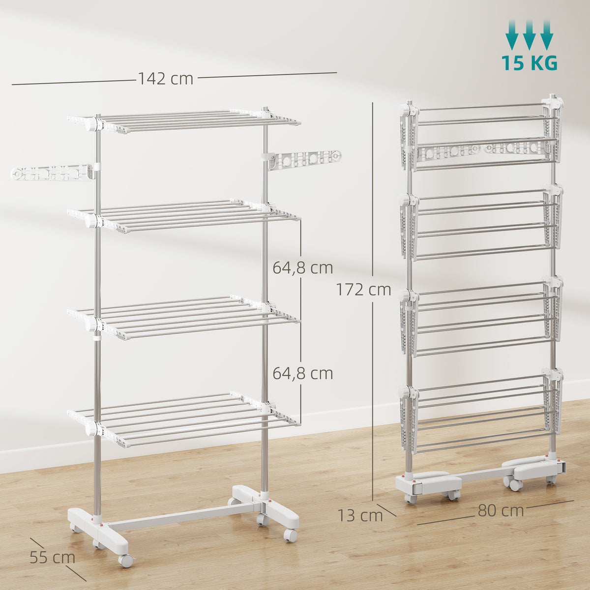 Estendal de Roupa Dobrável 80x55x172cm com 6 Rodas e 4 Prateleiras com Altura Ajustável de Aço Inoxidável Prateado — foto 3