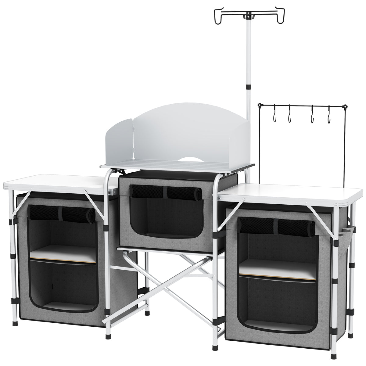 Móvel de Cozinha para Campismo Armário para Campismo Dobrável com 3 Tampos 3 Armários Suporte de Luz 4 Ganchos e Bolsa de Transporte para Campismo Piquenique 172x48x119 cm Cinza — foto 1
