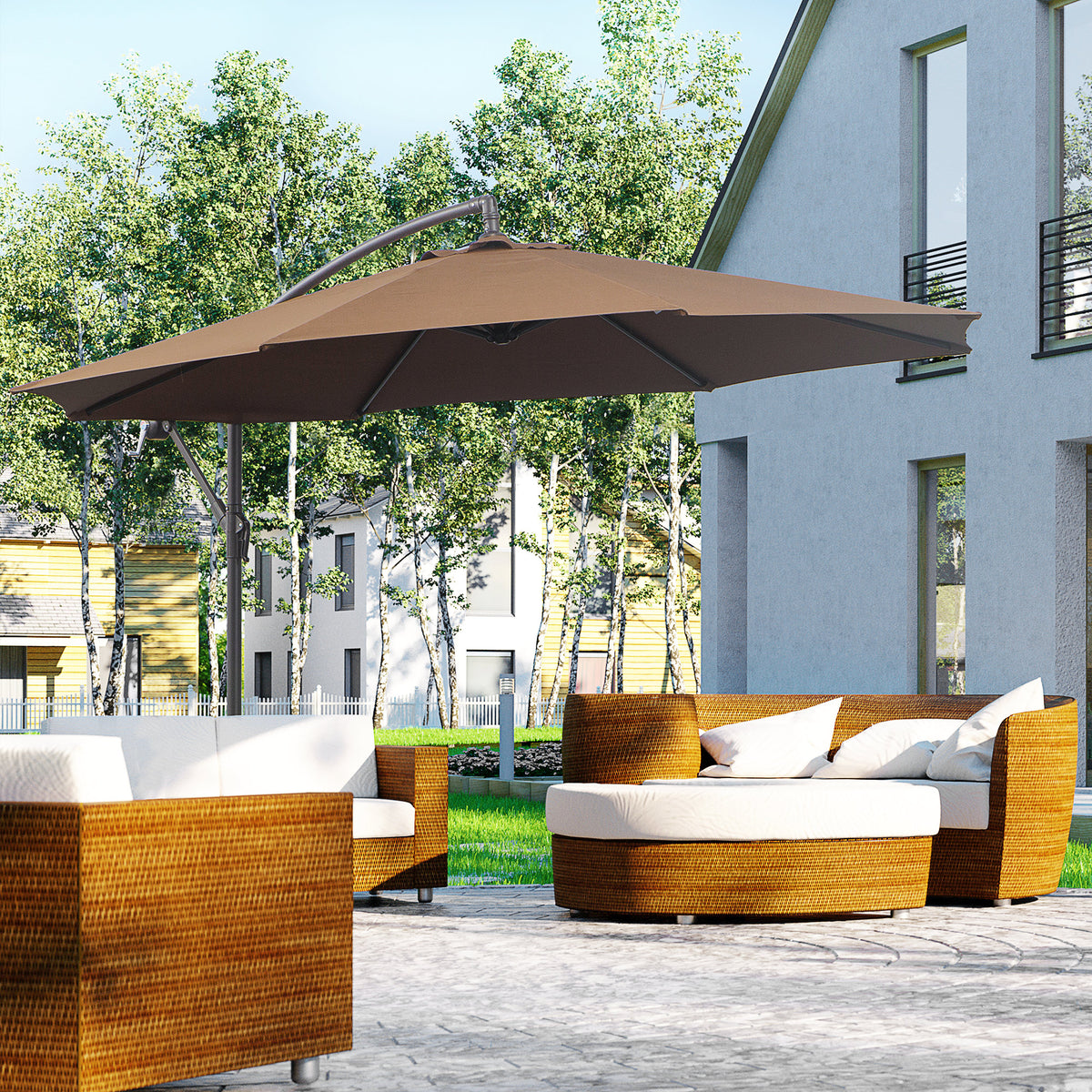 Chapéu de Sol de Jardim Ø300x250cm Chapéu de Sol Excêntrico Inclinável com Manivela Base Cruzada Suporte de Aço e Proteção Solar para Terraço Exterior Café — foto 2