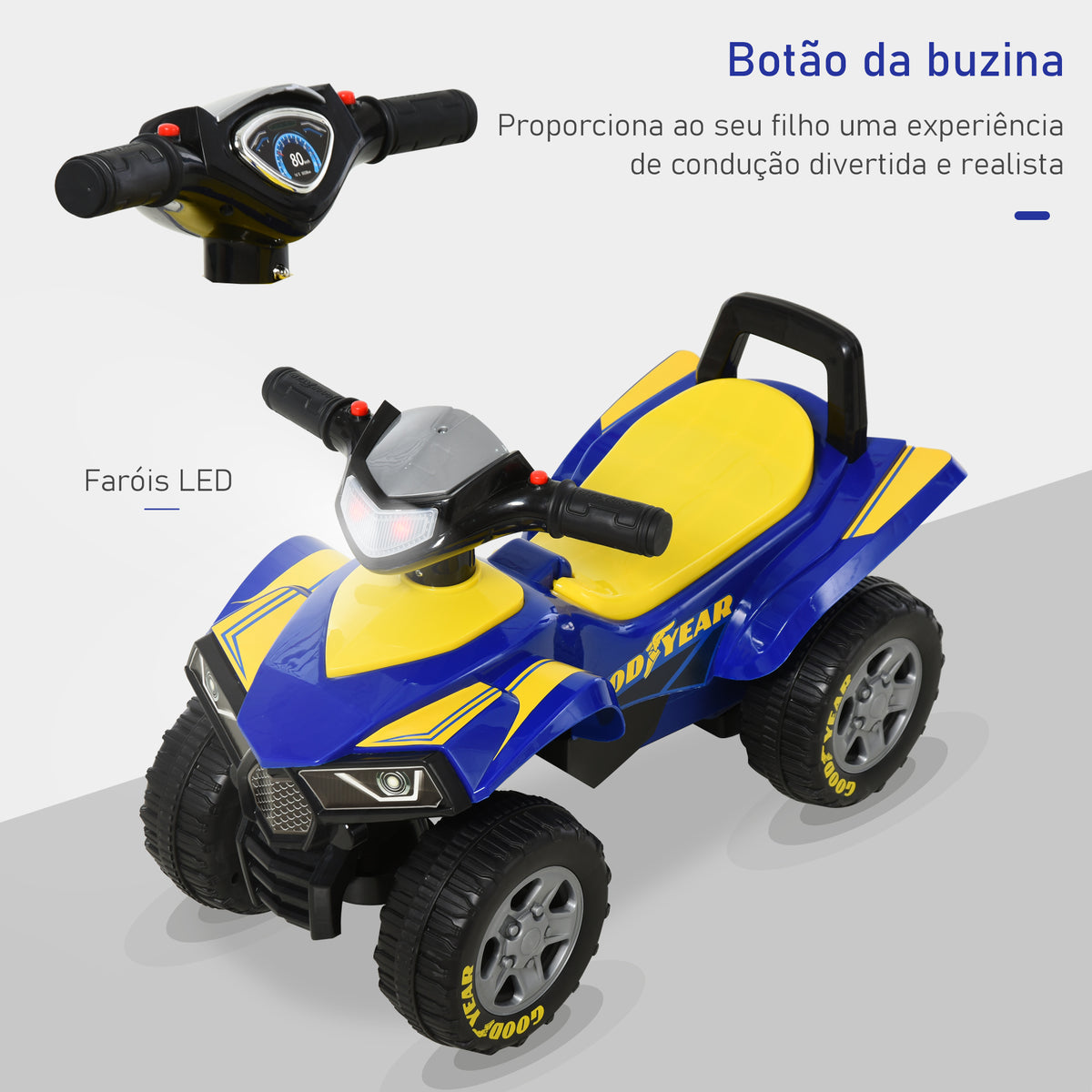 Quad Andador com Licença GOODYEAR para Crianças de 18-36 Meses Moto Quádrupla com Luzes, Buzina e Espaço Secreto de Armazenamento 60x31x42 cm Azul — foto 4