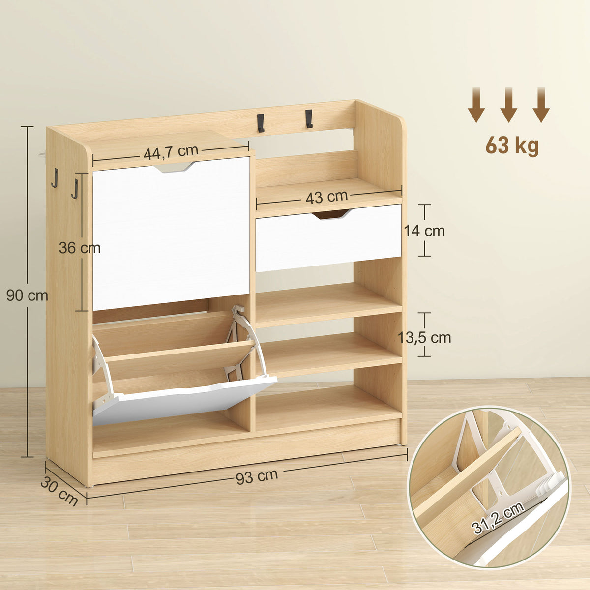 Sapateira Estreita com 2 Portas Sapateira para Entrada com Prateleiras Ajustáveis Gaveta Prateleiras Abertas 4 Ganchos para 14 Pares de Sapatos 93x30x90 cm Madeira e Branco — foto 3